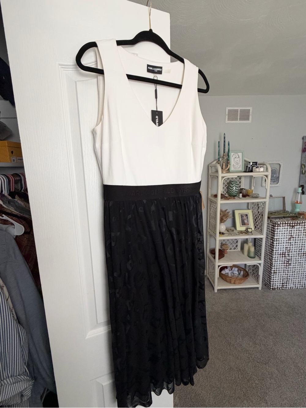 Karl Lagerfeld Sleeveless V-Neck Midi Dress in White and Black